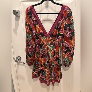CAROLINE CONSTAS Retro Boho Floral Print Mini Dress Long Sleeve V-Neck Size XS